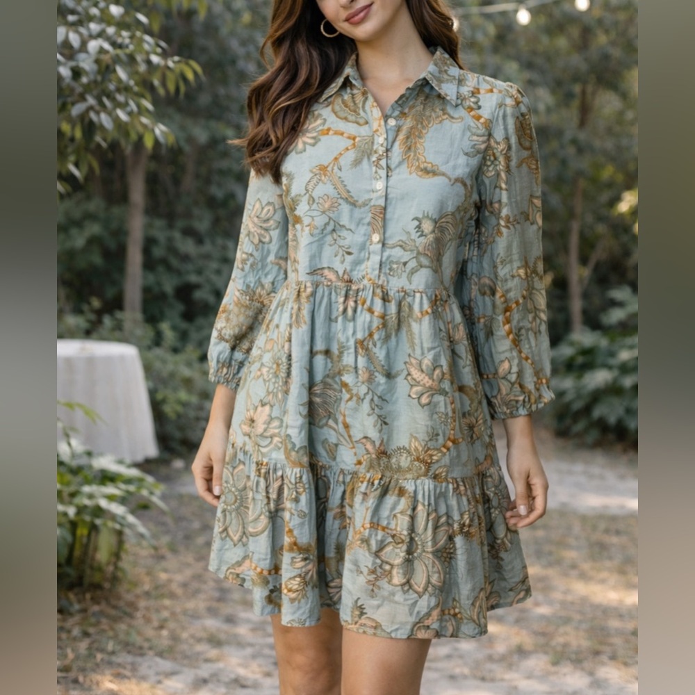Anthropologie Ro's Garden Floral Dress XS Extra Small Blue Brown Cotton